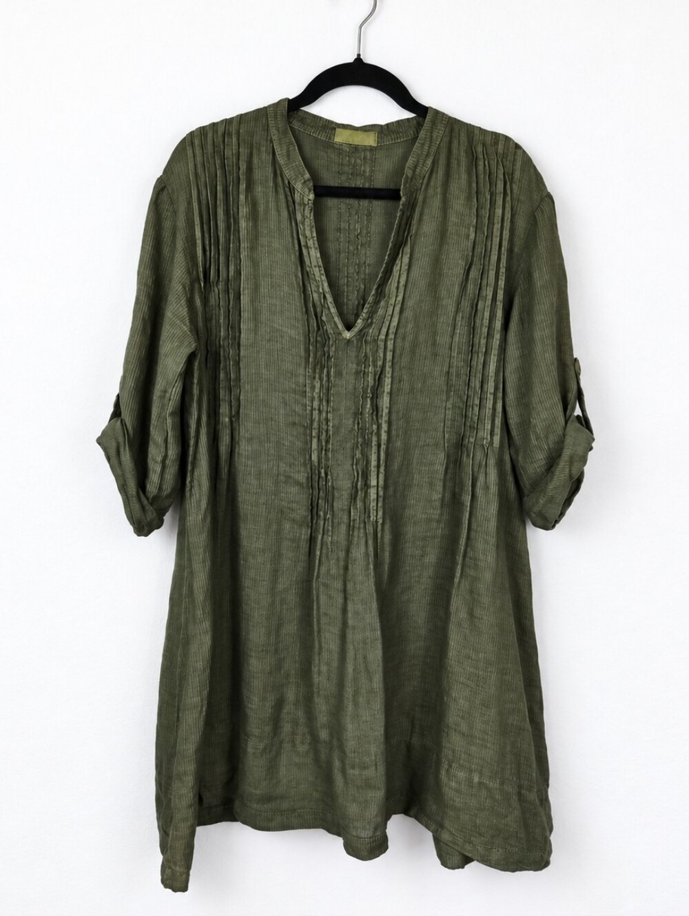CP Shades 100% Linen Olive Tunic M Lagenlook Boho Pintuck Oversized Made USA